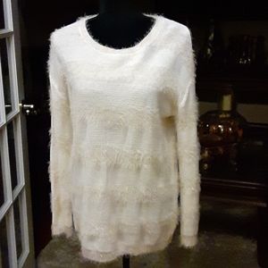 Joseph A cream white stripe pullover sweater long sleeves round neck Large EUC…